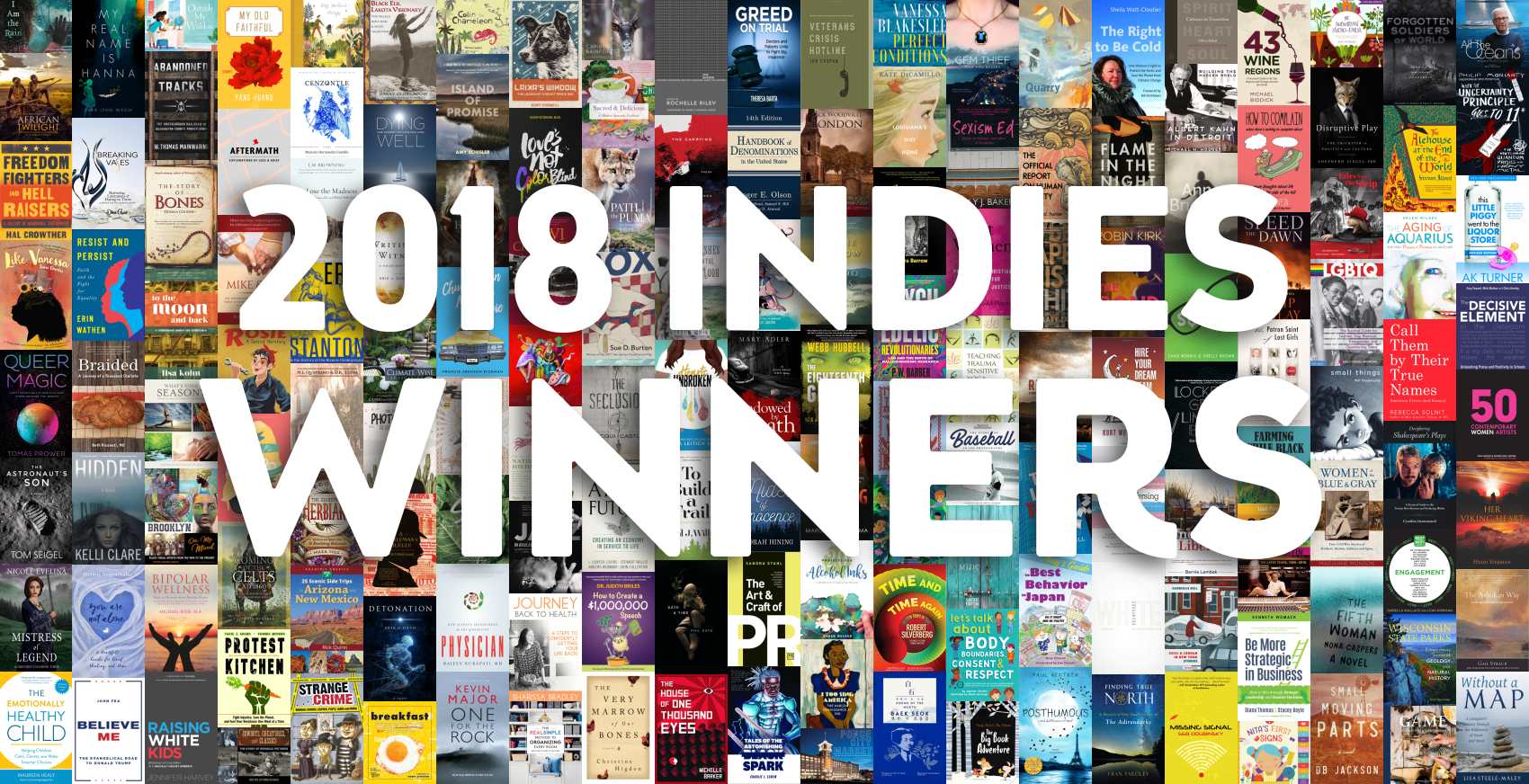 Collage of 2018 INDIES winners’ book covers with text “2018 INDIES Winners”.