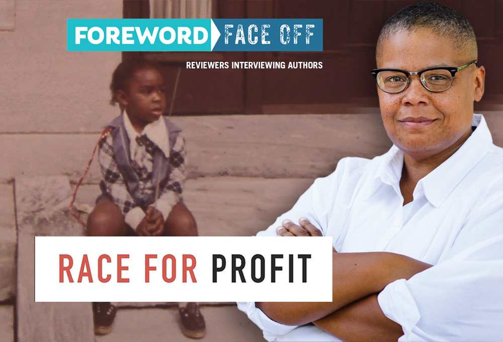 Author Keeanga-Yamahtta Taylor in front of images from Race for Profit cover