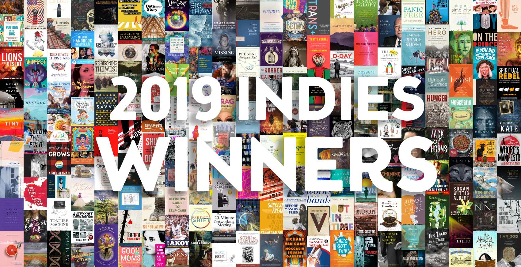 “2019 INDIES Winners” on top of collage of winners’ book covers.