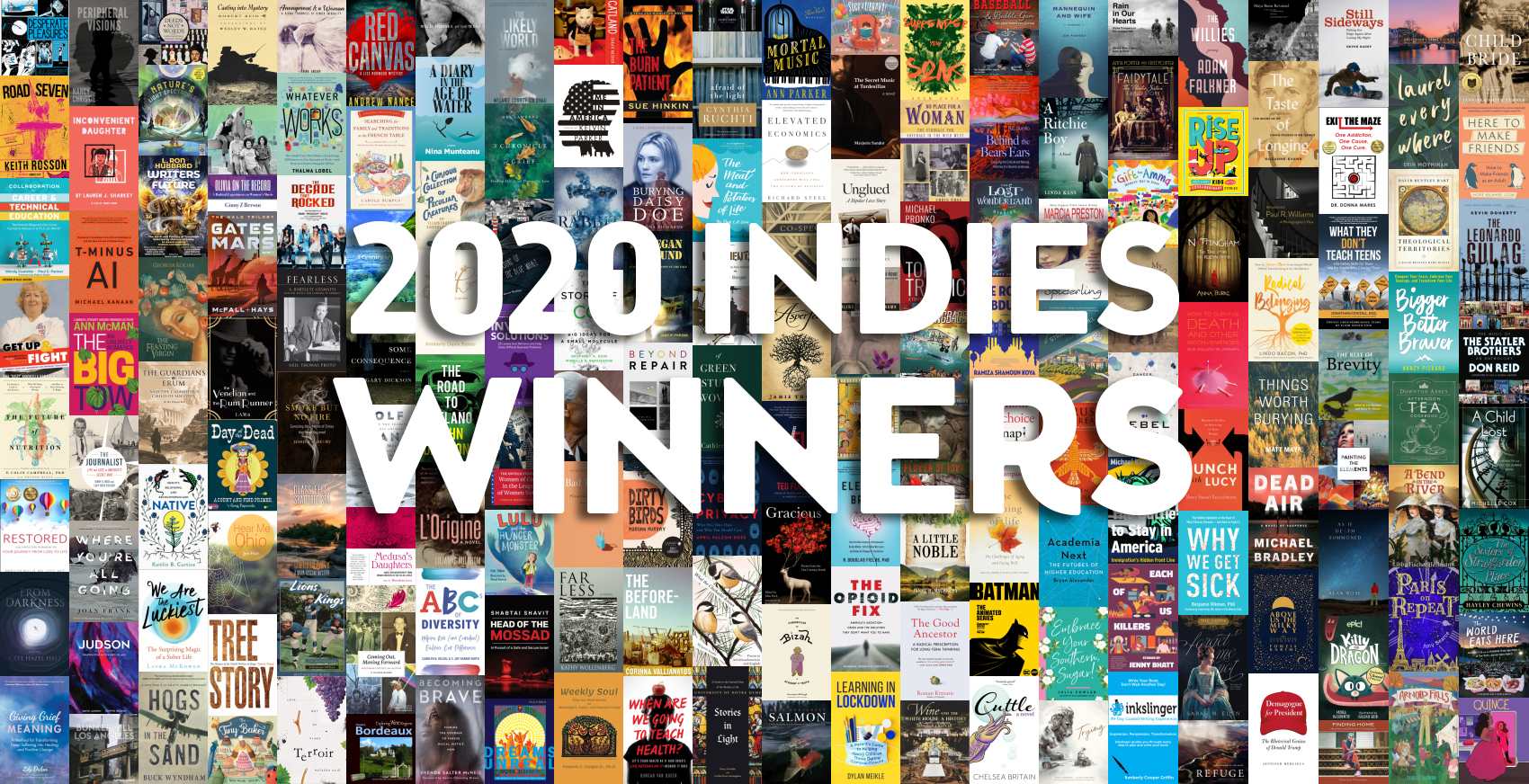 “2020 INDIES Winners” on top of collage of award winners’ book covers.
